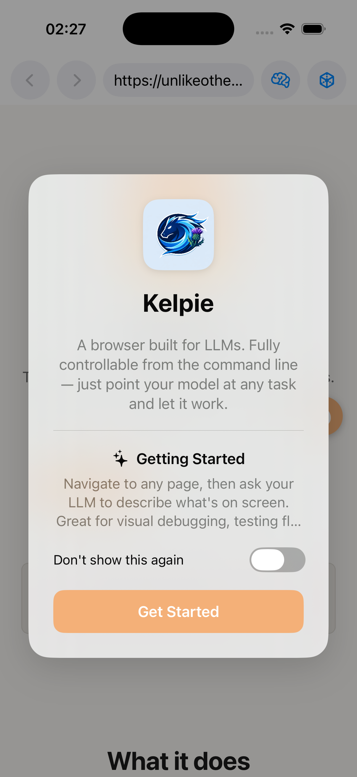 Kelpie native iOS app — real iPhone app chrome with URL bar and Kelpie branding