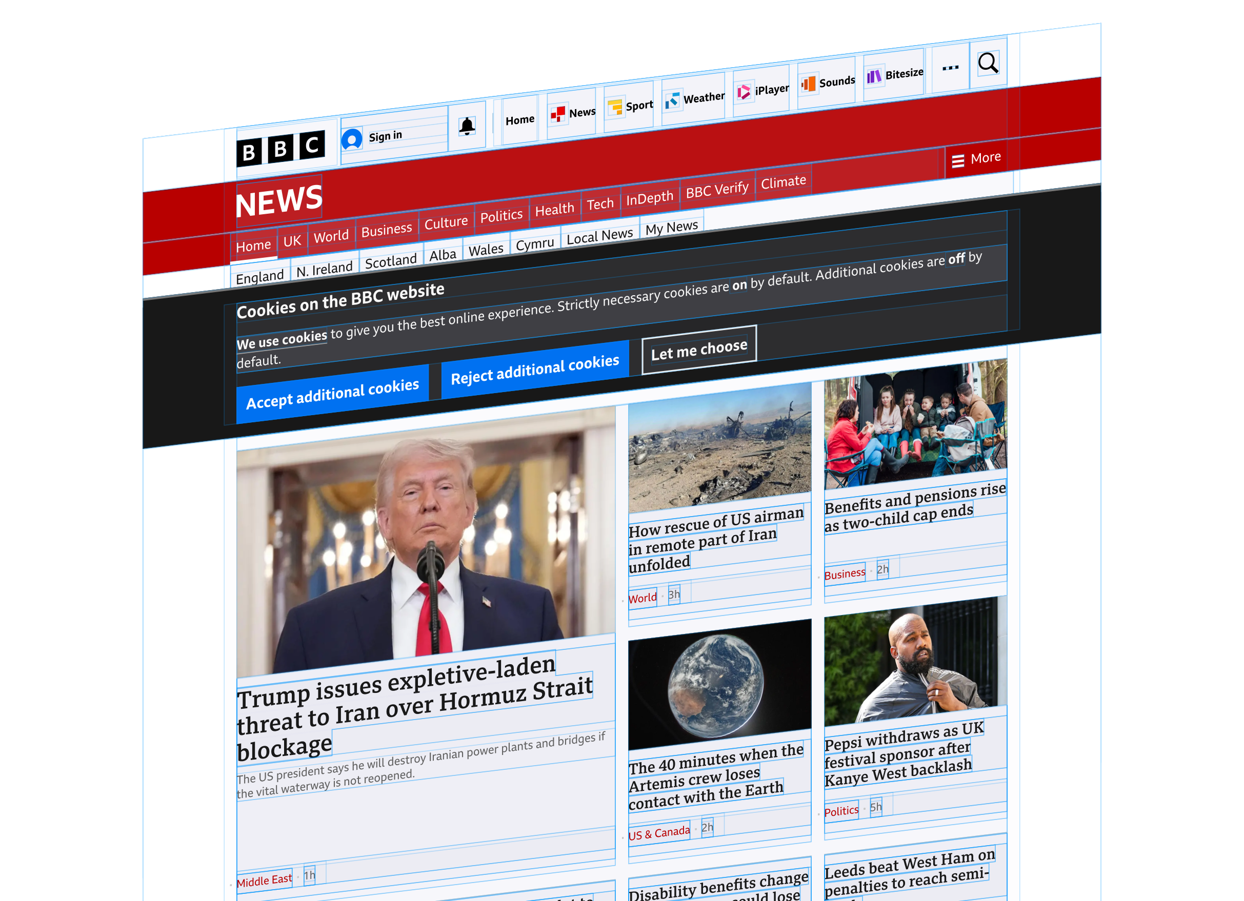 Kelpie 3D DOM inspector on macOS — BBC News page exploded into 3D layers