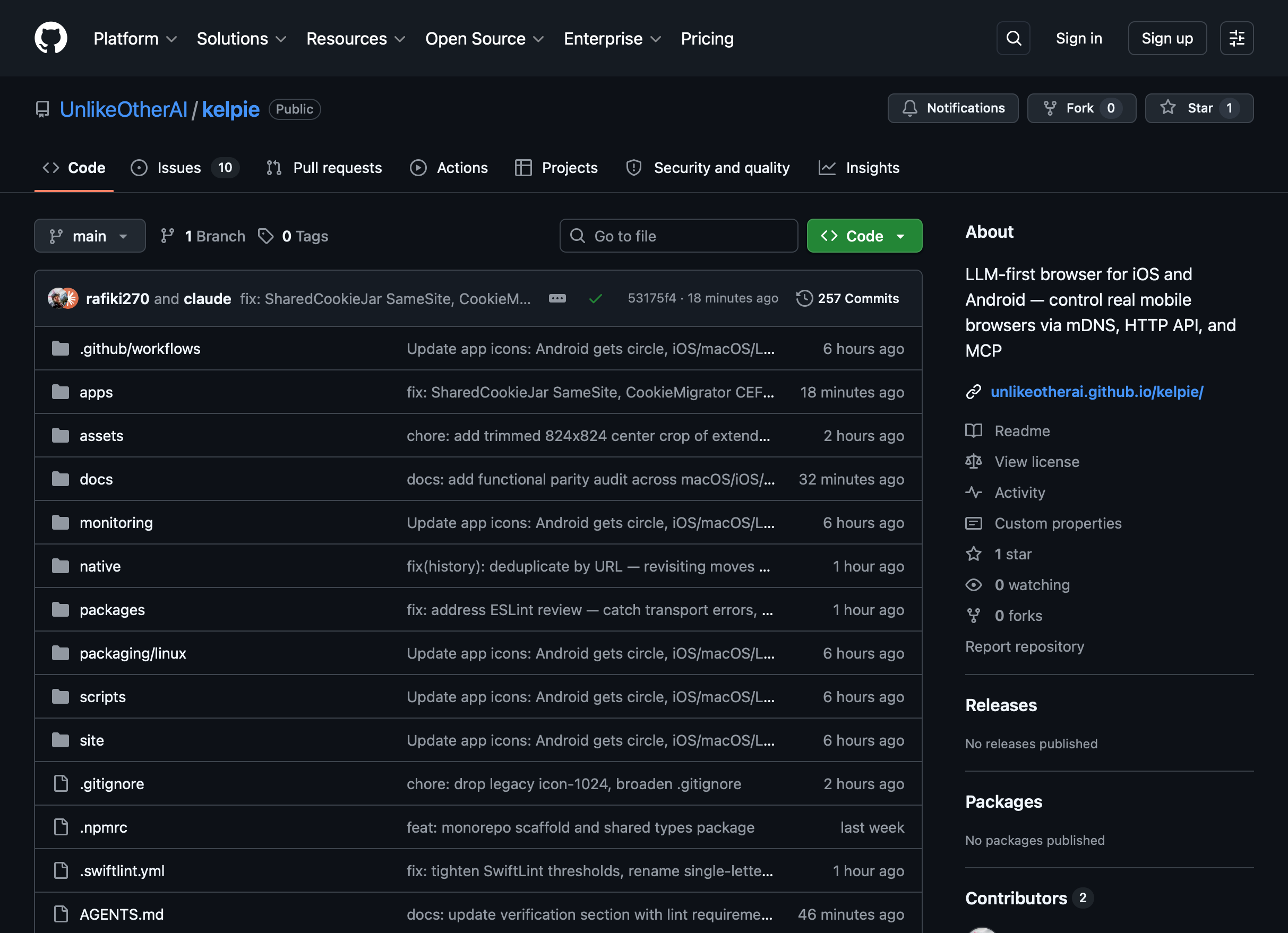 Kelpie macOS browser in WebKit mode showing UnlikeOtherAI